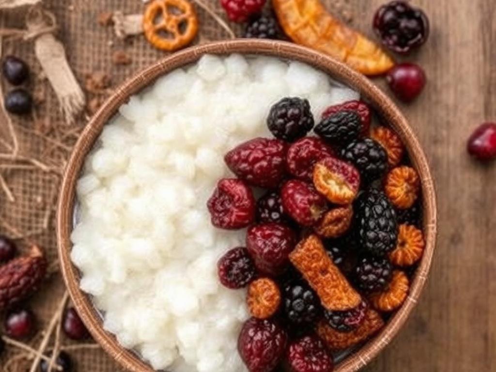 Rice Porridge with Dried Fruits. Picking and preparing dried fruit